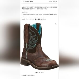 Womans Ariat Fatbaby Heritage Western Boots with Blue Highlights Size 7.5